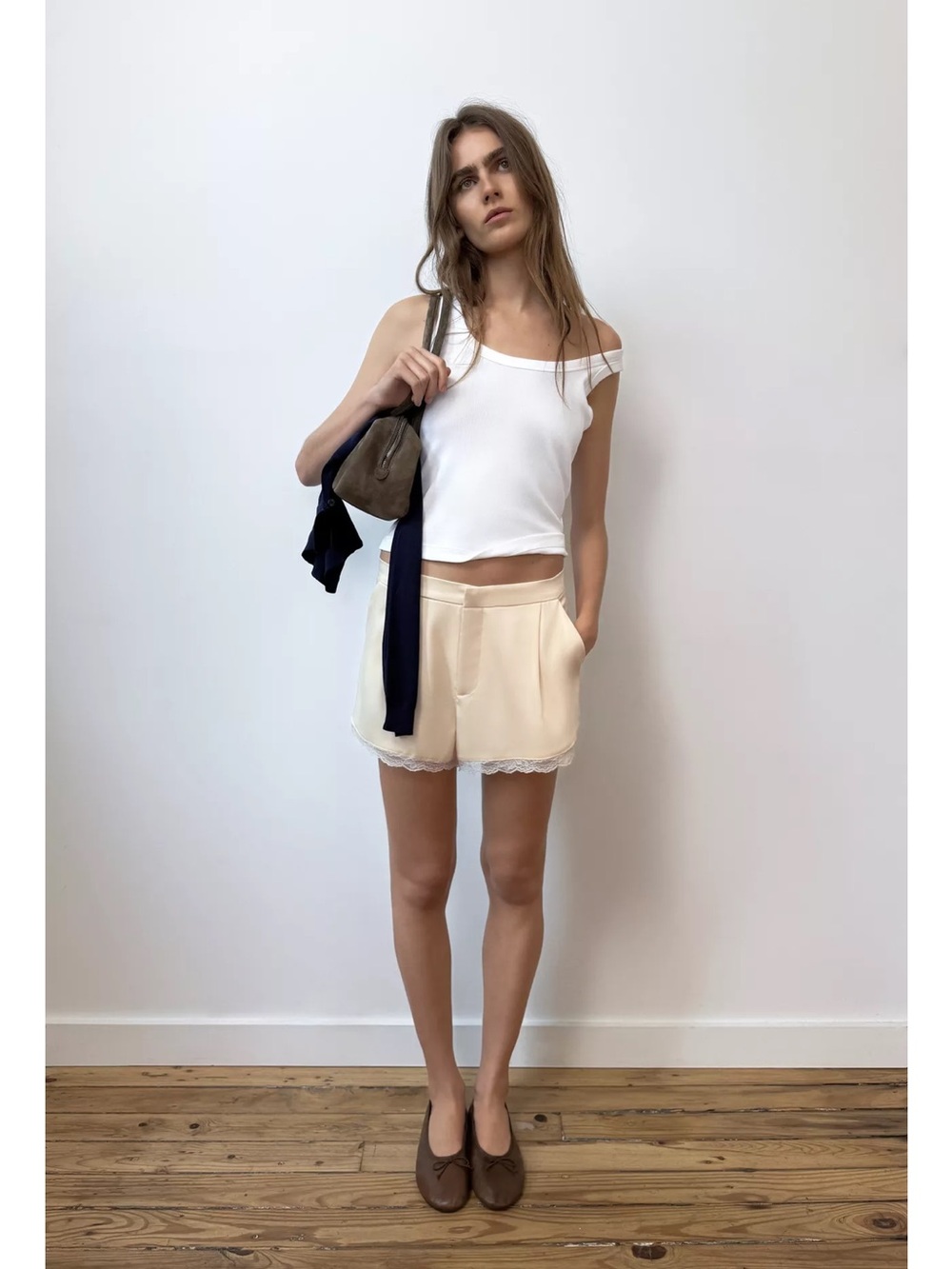 Zara Cream High-Waist Lace-Trim Shorts